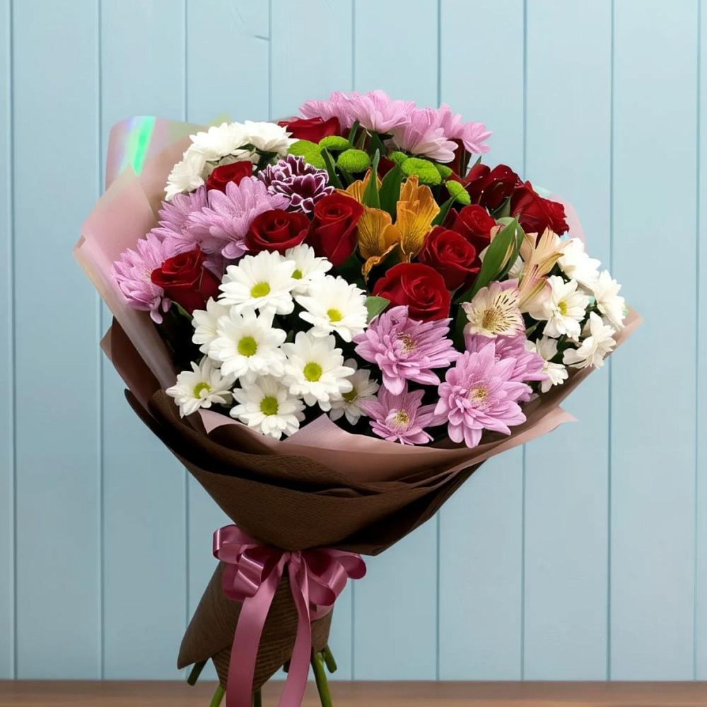 Букет цветов из: Розы, Хризантемы и Альстромерии в Алабушево