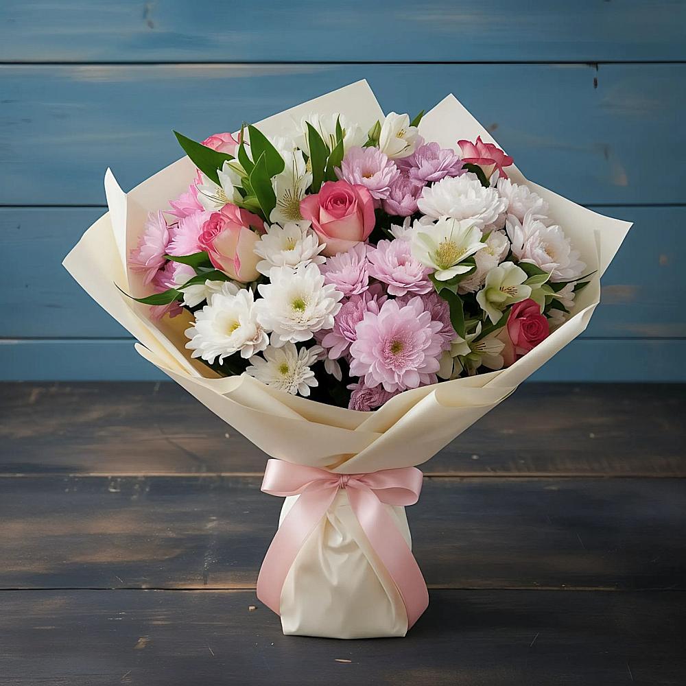 Букет цветов из: Хризантемы, Альстромерии и Розы в Алабушево